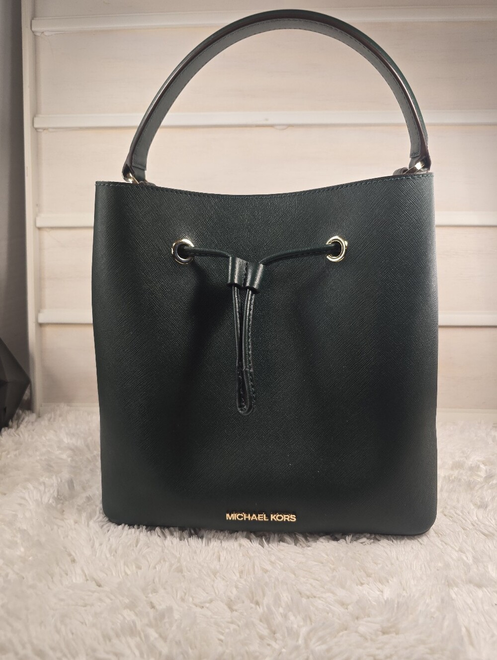 Large, Michael Kors Black Leather Drawstring Bucket Bag